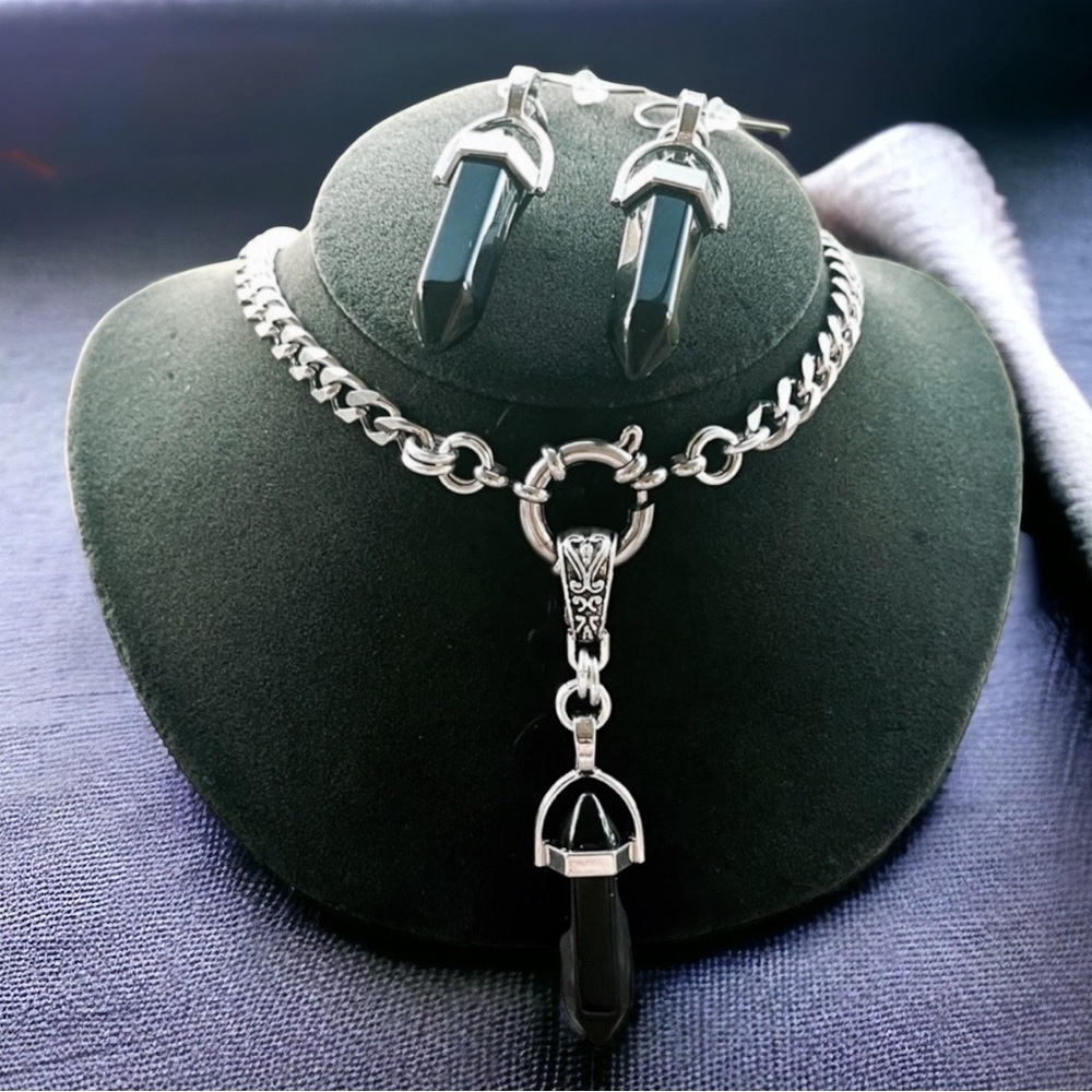 SET ! Genuine black obsidian bullet necklace + earrings stainless steel necklace